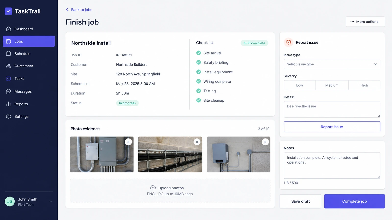 TaskTrail job completion screen with checklist, photo evidence and issue reporting
